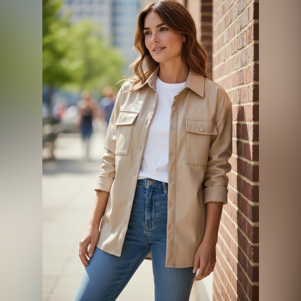 Aritzia Babaton Ava Vegan Leather button down Women's light Tan Shacket top Sz L